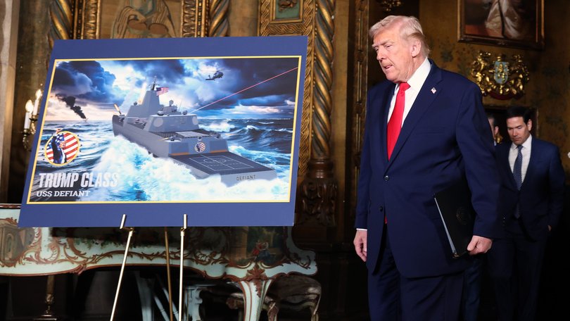 Donald Trump arrives to announce the creation of the “Trump-class” battleship.