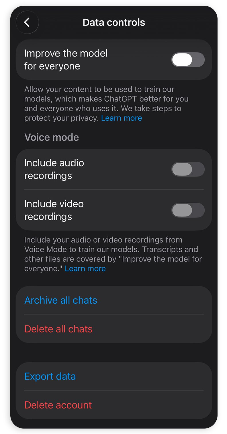 ChatGPT's data controls let you delete your chat history and turn off letting OpenAI train its AI on your conversations. 