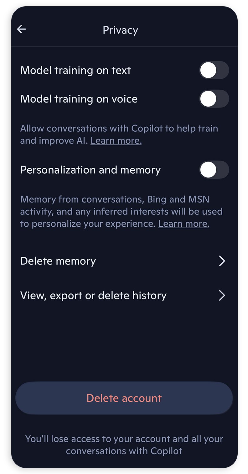 The consumer version of Microsoft's Copilot app lets you delete your past chats, turn off memories and stop letting the company train AI on your conversations.