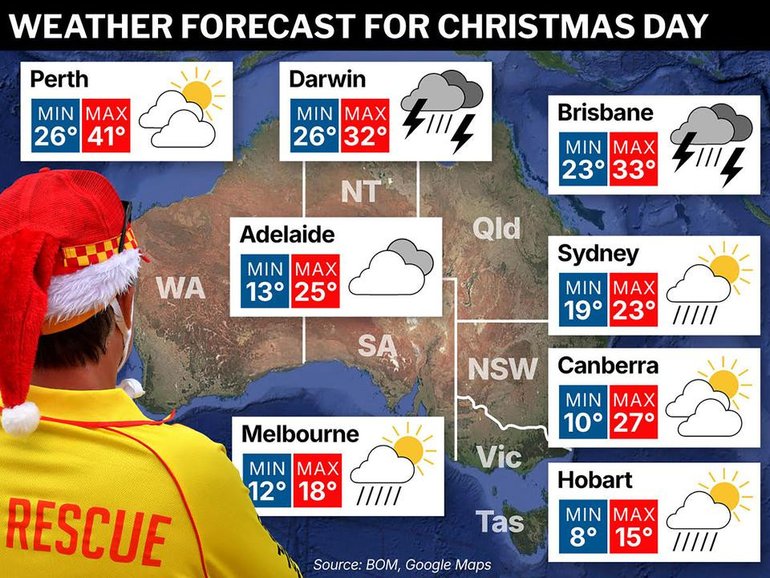 Australia's Christmas Day weather outlook includes rain and extreme heat. (Joanna Kordina/AAP PHOTOS)