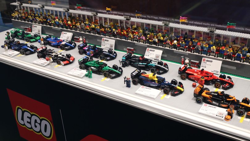 Formula 1 cars and a circuit made with Lego are displayed at the 2025 Canadian International AutoShow at the Metro Convention Centre in Toronto, Feb. 21, 2025.