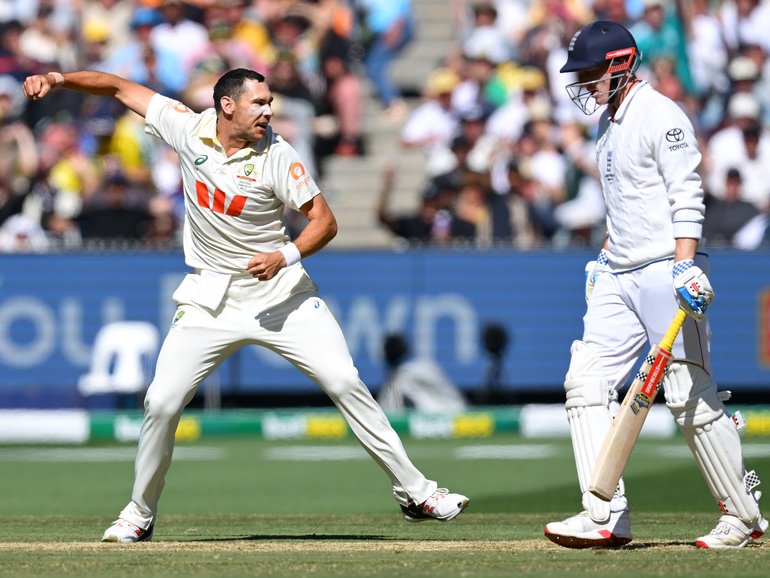 Scott Boland of Australia celebrates the wicket of Harry Brook