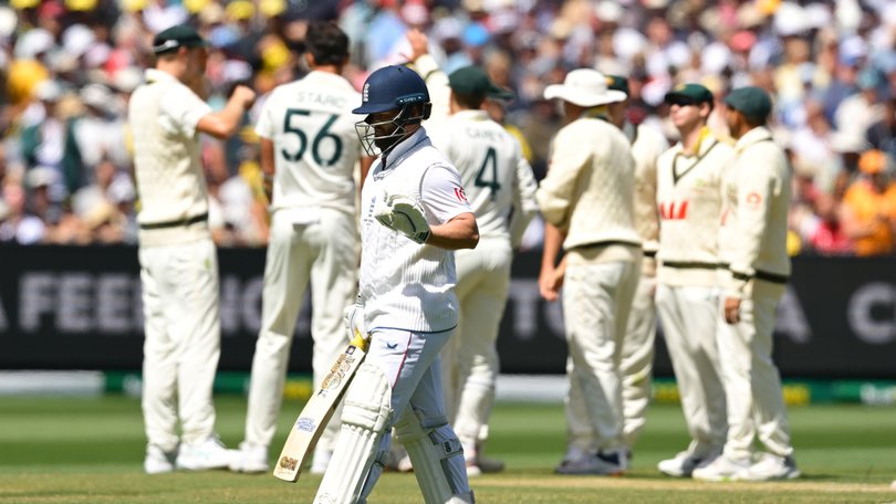Ben Duckett of England leaves the field after being dismissed by Mitchell Starc.