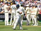 Ben Duckett of England leaves the field after being dismissed by Mitchell Starc.