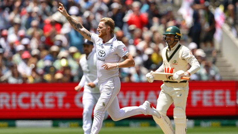 Ben Stokes of England celebrates the wicket of Alex Carey.