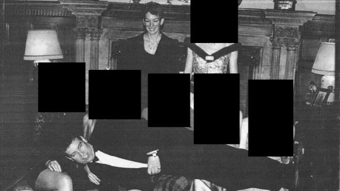 Ghislaine Maxwell is seen watching Andrew Mountbatten-Windsor lying across the laps of several women whose identities have been protected.
