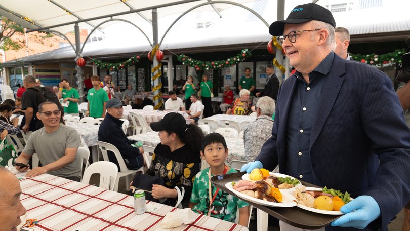Prime Minister Anthony Albanese during a Christmas lunch hosted by the Rev Bill Crews Foundation, in Sydney.