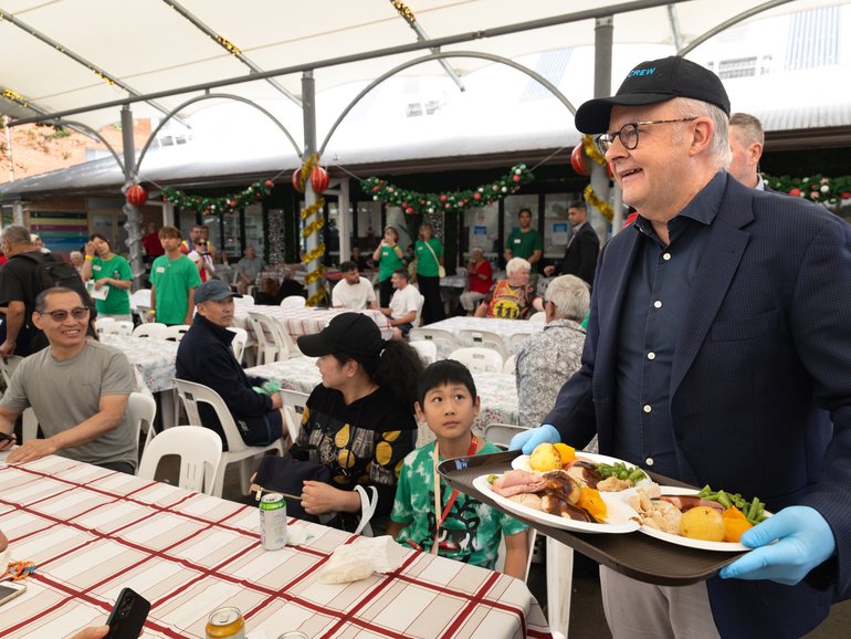 Prime Minister Anthony Albanese during a Christmas lunch hosted by the Rev Bill Crews Foundation, in Sydney.