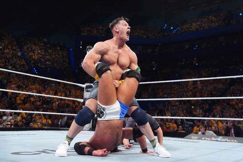 AJ Styles (Blue & White trunks), John Cena (Jean shorts). Crown Jewel at RAC Arena on October 11, 2025 in Perth, Australia. (Photo by WWE) Picture: WWE