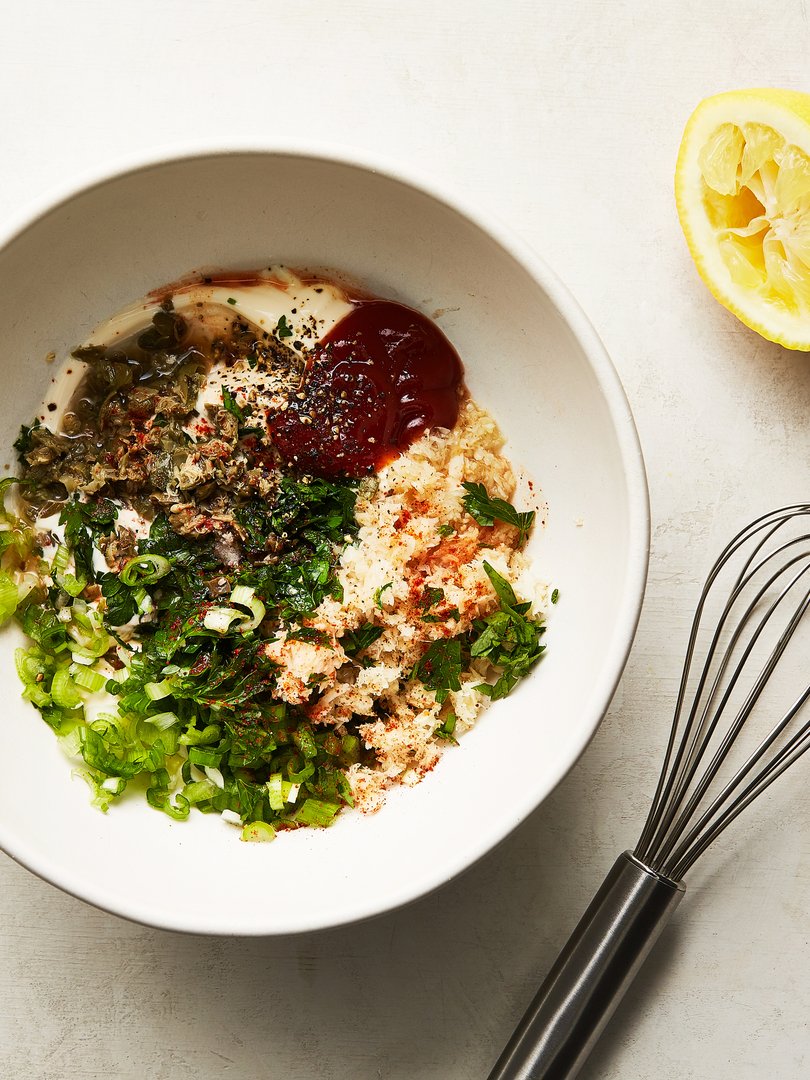Ingredients for horseradish sauce for this take on a classic French remoulade, which takes the place of cocktail sauce in this prawn cocktail recipe. Food styled by Cyd Raftus McDowell. 