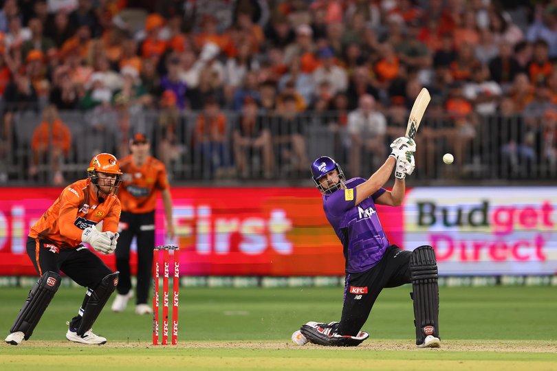 PERTH, AUSTRALIA - DECEMBER 26: Tim David of the Hurricanes bats during the BBL match between Perth Scorchers and Hobart Hurricanes at Optus Stadium, on December 26, 2025, in Perth, Australia (Photo by Paul Kane/Getty Images)