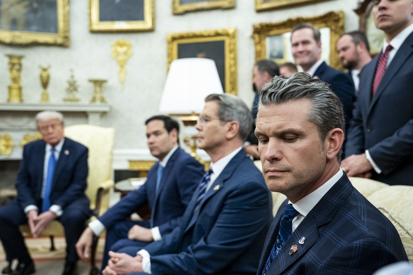 FILE — Sitting, from left: President Donald Trump; Secretary of State Marco Rubio, Secretary of Treasury Scott Bessent and Secretary of Defense Pete Hegseth.