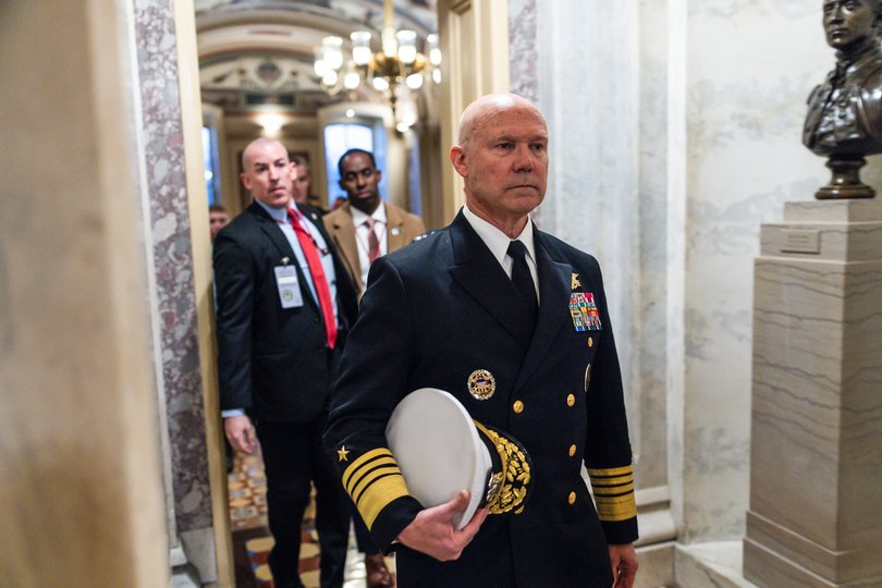 FILE — Adm. Frank Bradley, who ordered additional strikes that killed initial survivors during the targeting of an alleged drug-smuggling boat in the Caribbean on Sept. 2, 2025.