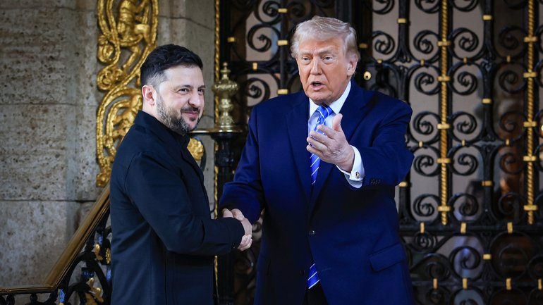 Donald Trump greets Volodymyr Zelensky at his Mar-a-Lago club on December 28, 2025 in Palm Beach, Florida.