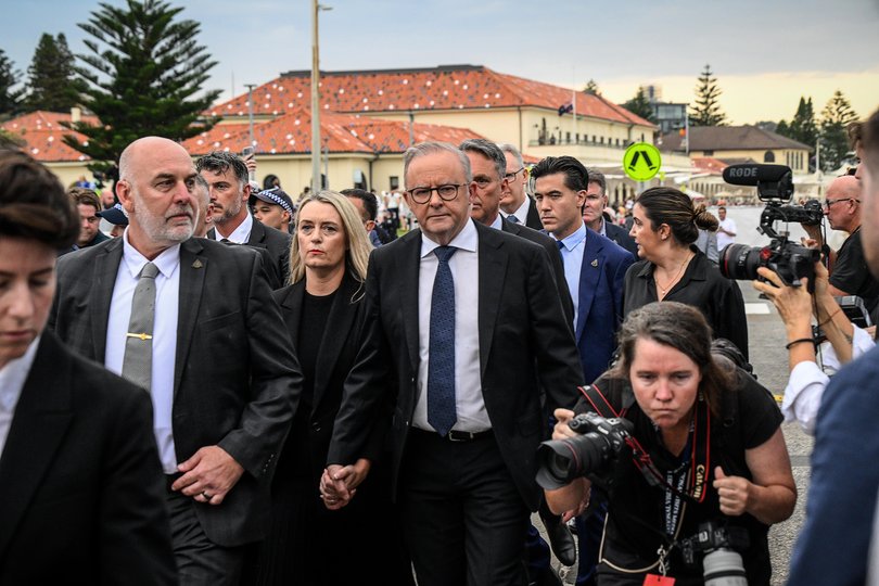 Anthony Albanese and his wife Jodie Haydon arrive for a memorial for the victims of the Bondi shooting.