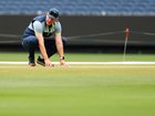 Andrew McDonald, Head Coach of Australia inspects the pitch.