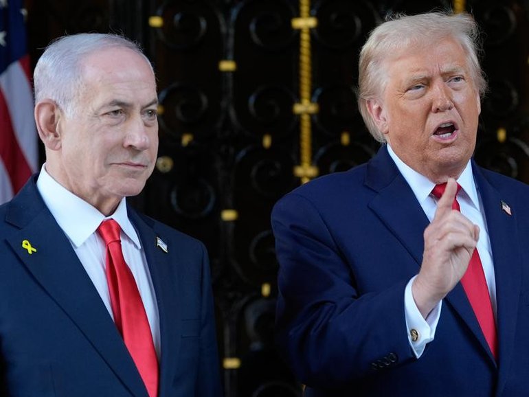 Donald Trump with Benjamin Netanyahu, says he wants to get to the second phase of the Gaza deal. (AP PHOTO)