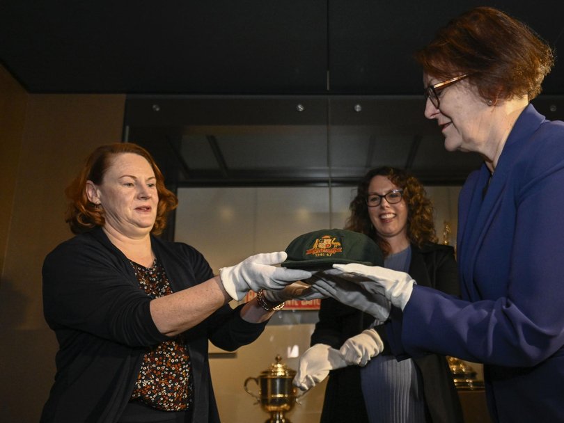 A Bradman cap worn during the historic 1946-47 Test series against Australia was sold to the National Museum of Australia. Picture: NewsWire / Martin Ollman