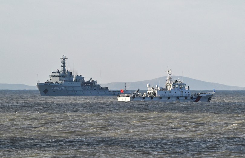 Chinese ships patrol as the Peoples Liberation Army (PLA) conduct military drills on Pingtan island, in eastern Chinas Fujian province, the closest point to Taiwan, on Tuesday.