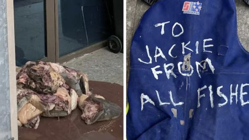 About 200kg of shark heads were dumped outside a minister's office to protest a fishing ban in Western Australia. ABC