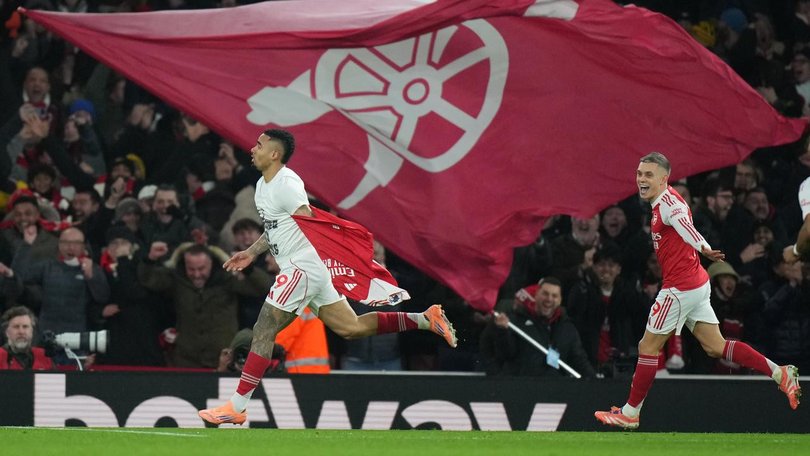 Gabriel Jesus (l) celebrates scoring Arsenal's final goal in their win against Aston Villa. (AP PHOTO)