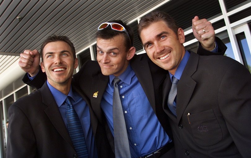 WA's Australian Test cricketers, left to right, Damien Martyn, Adam Gilchrist and Justin Langer return home to Perth after their victory over the West Indies in the third Test in Adelaide.