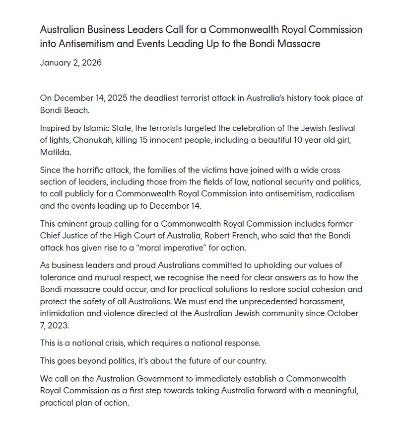 The letter was titled'Australian Business Leaders Call for a Commonwealth Royal Commission into Antisemitism and Events Leading Up to the Bondi Massacre'