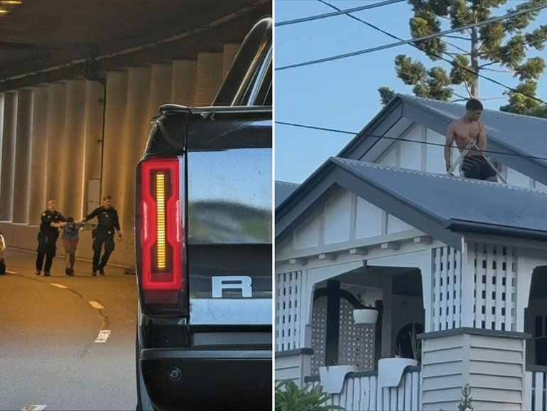 Police arrested two men following a stolen vehicle spree that ended in a dramatic rooftop standoff in Woolloongabba.