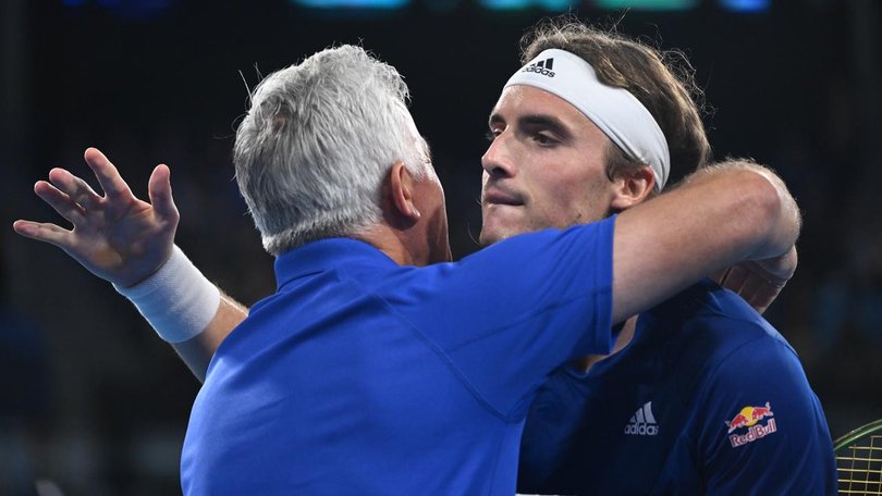 Stefanos Tsitsipas has his father Apostolos (l) back as coach. (Dean Lewins/AAP PHOTOS)