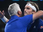 Stefanos Tsitsipas has his father Apostolos (l) back as coach. (Dean Lewins/AAP PHOTOS)