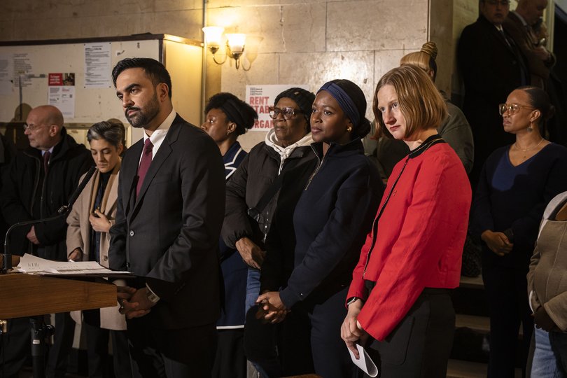 Mayor Zohran Mamdani visits a rent-stabilised apartment building in Brooklyn to discuss his new administration’s appointments and policies.