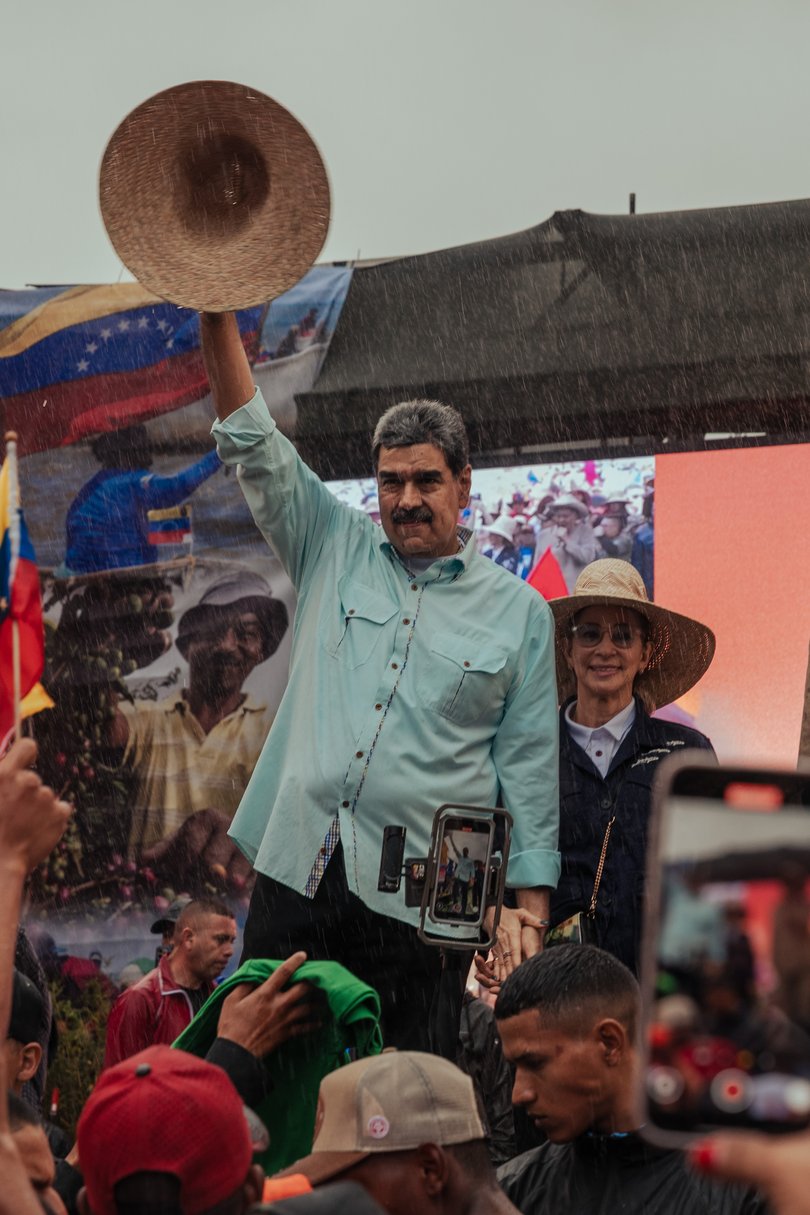 Venezuelan President Nicols Maduro during a rain-soaked rally that was celebrated on the same day as the Nobel Peace Prize ceremony, awarded to Maria Corina Machado, an opposition leader, Dec. 10, 2025. 