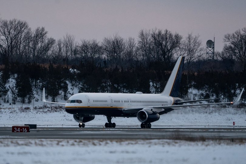 NEWBURGH, UNITED STATES - JANUARY 4: An aircraft carrying Venezuelan President Nicolas Maduro taxis on the runway after landing at Stewart Air National Guard Base amid heightened security measures in Newburgh, New York, in Newburgh, United States, on January 4, 2026. (Photo by Mostafa Bassim/Anadolu via Getty Images)