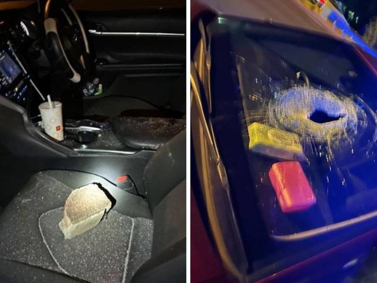 A woman has been left with glass fragments in her eyes after a group of youths threw bricks at cars from a Highway overpass in Melbourne's southeast. Victoria Police.