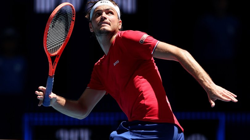 PERTH, AUSTRALIA - JANUARY 05: Taylor Fritz of Team USA in the Men's singles match against Jaume Munar of Team Spain during Day 4 of the United Cup at RAC Arena on January 05, 2026 in Perth, Australia. (Photo by Janelle St Pierre/Getty Images)
