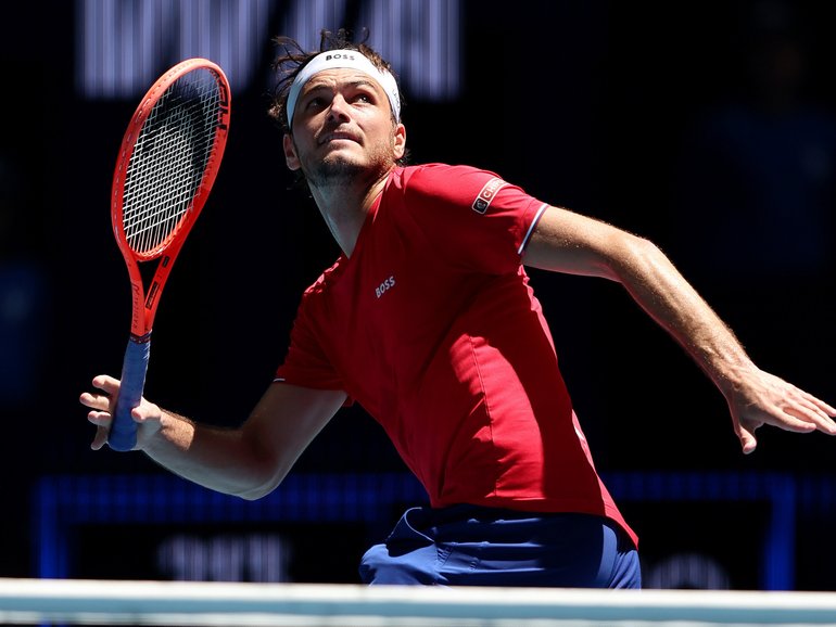 PERTH, AUSTRALIA - JANUARY 05: Taylor Fritz of Team USA in the Men's singles match against Jaume Munar of Team Spain during Day 4 of the United Cup at RAC Arena on January 05, 2026 in Perth, Australia. (Photo by Janelle St Pierre/Getty Images)