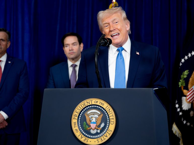 US President Donald Trump speaks during a news conference at the Mar-a-Lago Club in Palm Beach, Florida, US, on Saturday, Jan. 3, 2026. President Nicolas Maduro has been charged in the US after he was captured and flown out of Venezuela, following a series of airstrikes that mark an extraordinary escalation in the Trump administration's months-long campaign against the country. Photographer: Nicole Combeau/Bloomberg