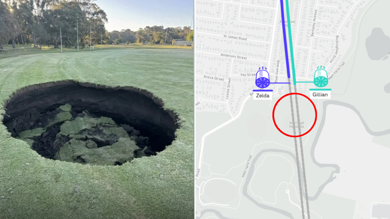 Sinkhole at AJ Burkitt Reserve and the path of North East Link tunnel boring machines (circled is the sinkhole location).