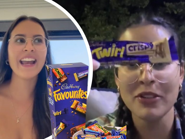 Poppy took to social media while camping with friends to share the wild revelation that a chocolate she unwrapped was filled with neatly rolled paper in the shape of a Twirl Crispy.