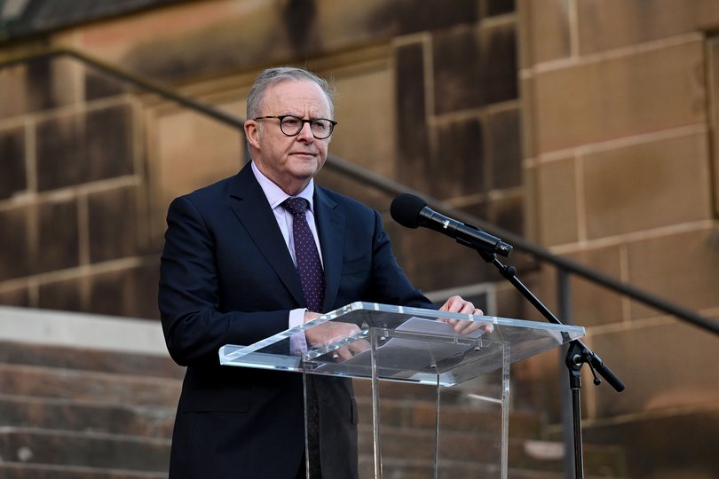 Australian Prime Minister Anthony Albanese speaks at a memorial prayer service at St Mary's Cathedral in Sydney, Wednesday, December 17, 2025.