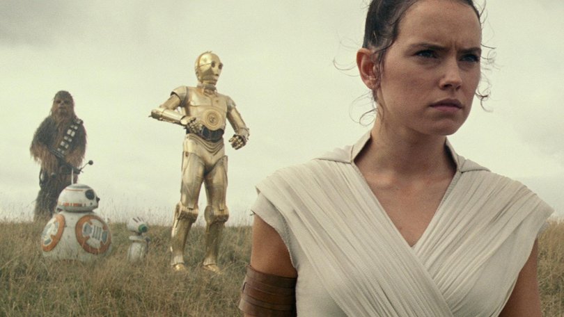 Chewbacca (Joonas Suotamo), BB-8, D-O, C-3PO (Anthony Daniels) and Rey (Daisy Ridley) in Star Wars: The Rise of Skywalker. Industry observers said its box office earnings were "underwhelming". Disney