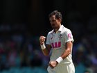 Mitchell Starc of Australia celebrates dismissing Jacob Bethell.