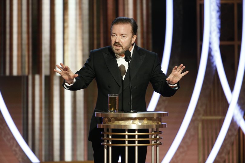 Host Ricky Gervais speaks onstage during the 77th Annual Golden Globe Awards at The Beverly Hilton Hotel on January 5, 2020.