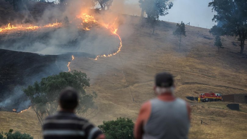 Firefighters defend property as the fire comes down over the hill along Gobur Road near Longwood. Picture: NewsWire / Jason Edwards