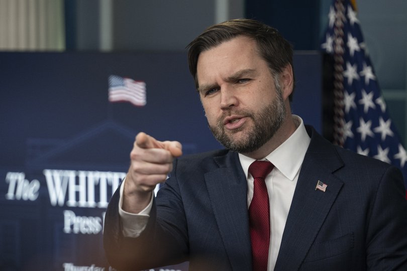 Vice President of the United States JD Vance delivers remarks during a press briefing at the White House Press Briefing Room in Washington.