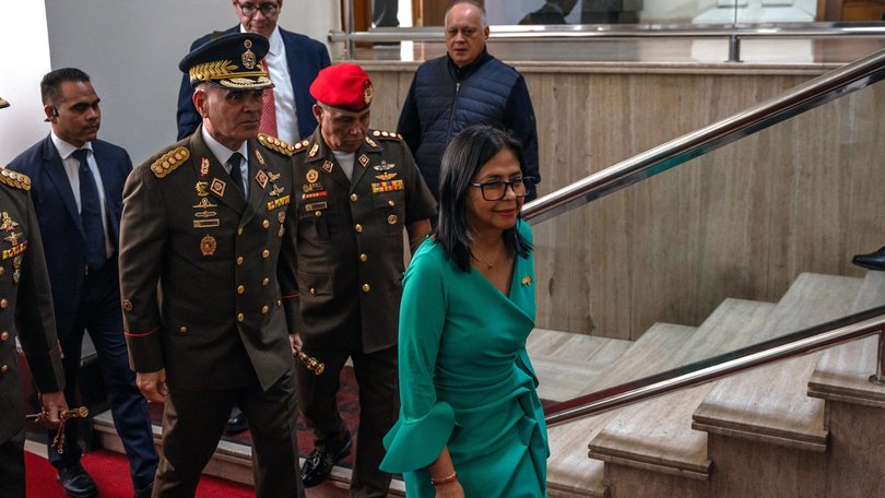 Delcy Rodriguez of Venezuela arrives to be sworn in as interim leader.