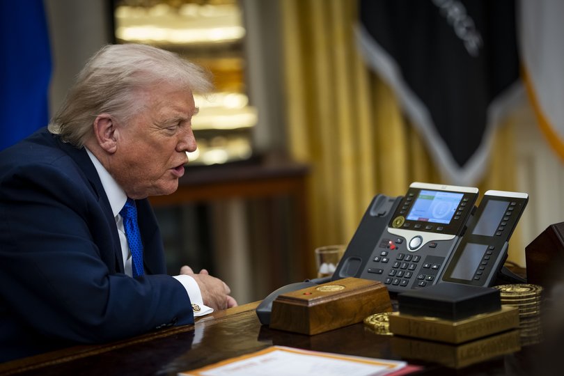President Donald Trump speaks on the telephone with President Gustavo Petro of Colombia.