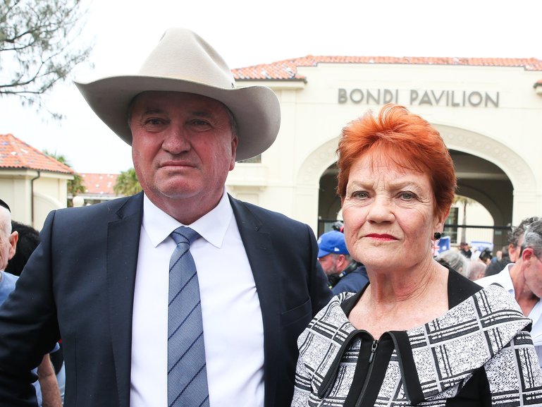 One Nation Leader Pauline Hanson and One Nation member for New England Barnaby Joyce at Bondi Beach in Sydney.