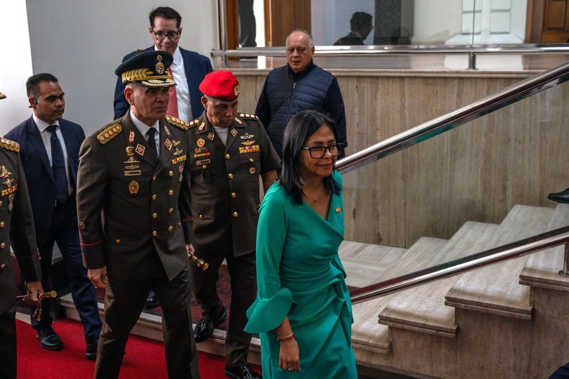 Vice President Delcy Rodriguez of Venezuela arrives to be sworn in as interim leader in Caracas on Monday, Jan. 5, 2026. Venezuela could lose the bulk of its export revenues this year, according to internal government estimates, a scenario that would trigger a humanitarian crisis. (Alejandro Cegarra/The New York Times)