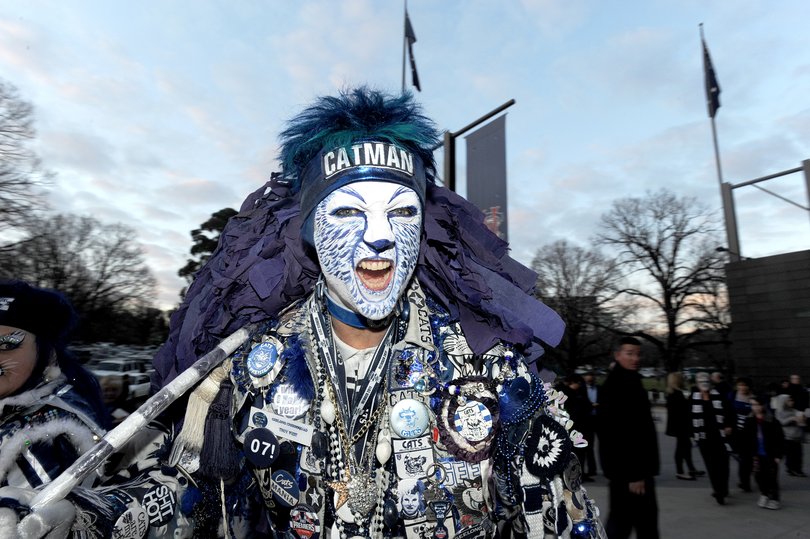 Geelong's #1 fan Catman arrives at the MGC to watch the Second Semi-Final AFL match between the Geelong Cats and North Melbourne Kangaroos at the MCG in Melbourne, Friday, Sept. 12, 2014. (AAP Image/Joe Castro) NO ARCHIVING, EDITORIAL USE ONLY